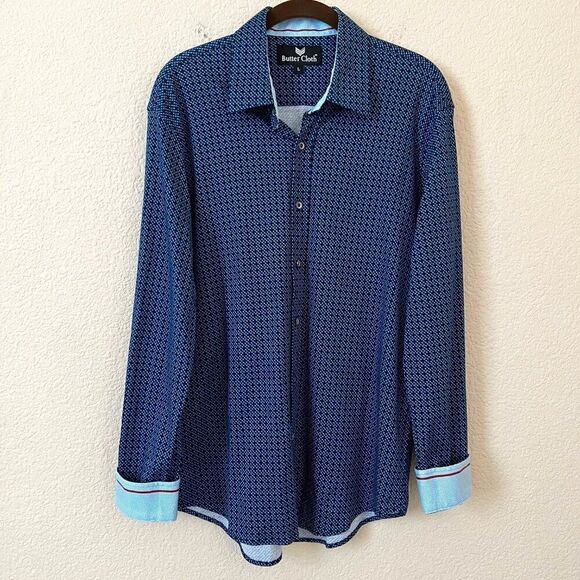 Butter Cloth Size L Blue Geometric Flip Cuff Preppy Office Button Dress Shirt - Picture 1 of 10